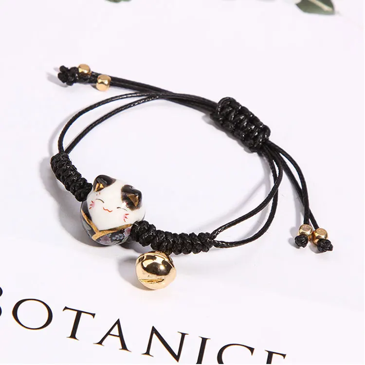 Bracelet Chat Maneki Neko Tressé - Corde Ajustable, Céramique, Symbole Chance Et Prospérité
