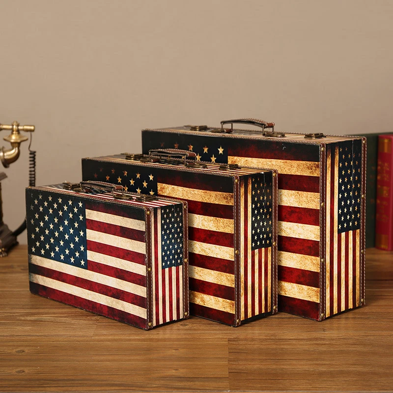 Cheap Europe Style 3 Piece Rustic British Flag Wooden Storage Box Set Antique Wooden Trunk  Storage case