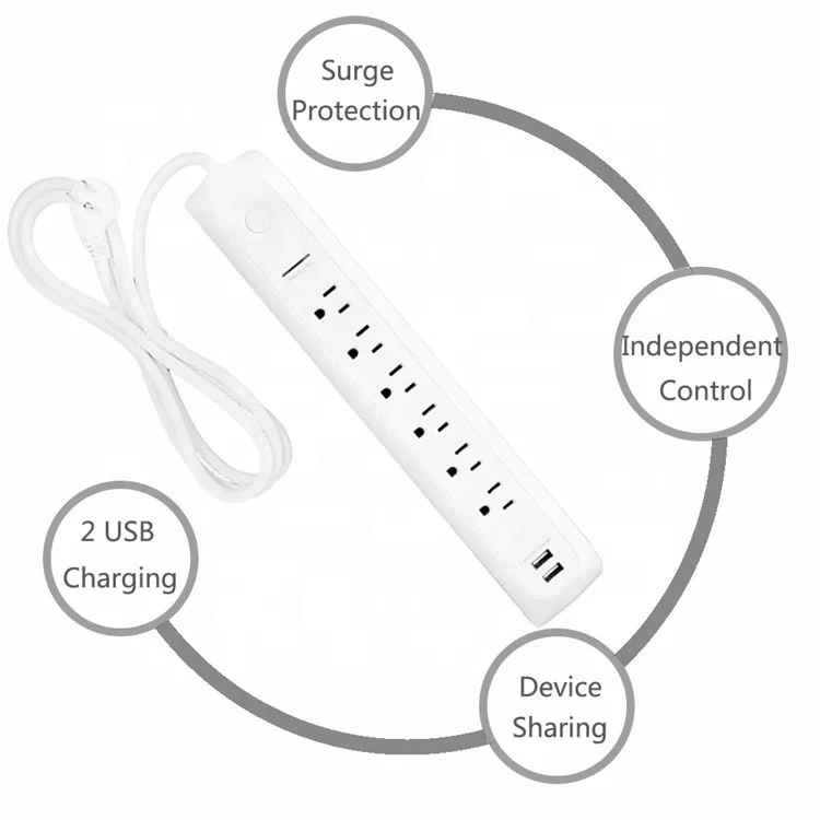 Regleta de enchufes multifuncional con 2 puertos USB y 6 tomas de corriente universales de EE. UU.