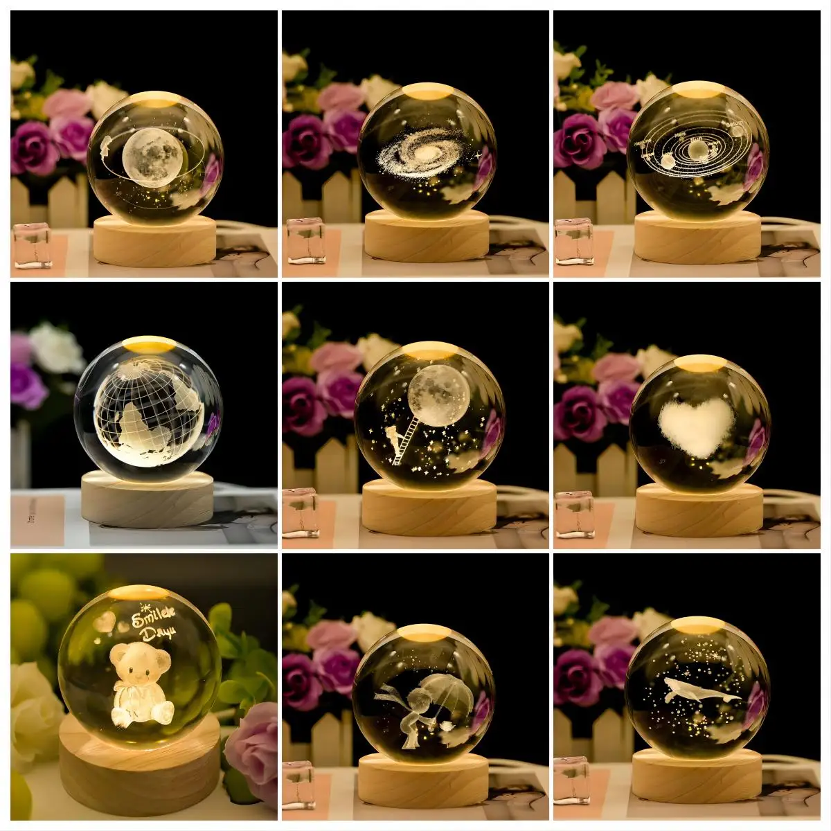 Gift 6cm Crystal Ball With 6cm Warm Light Round Wood Lamp Base 3d ...