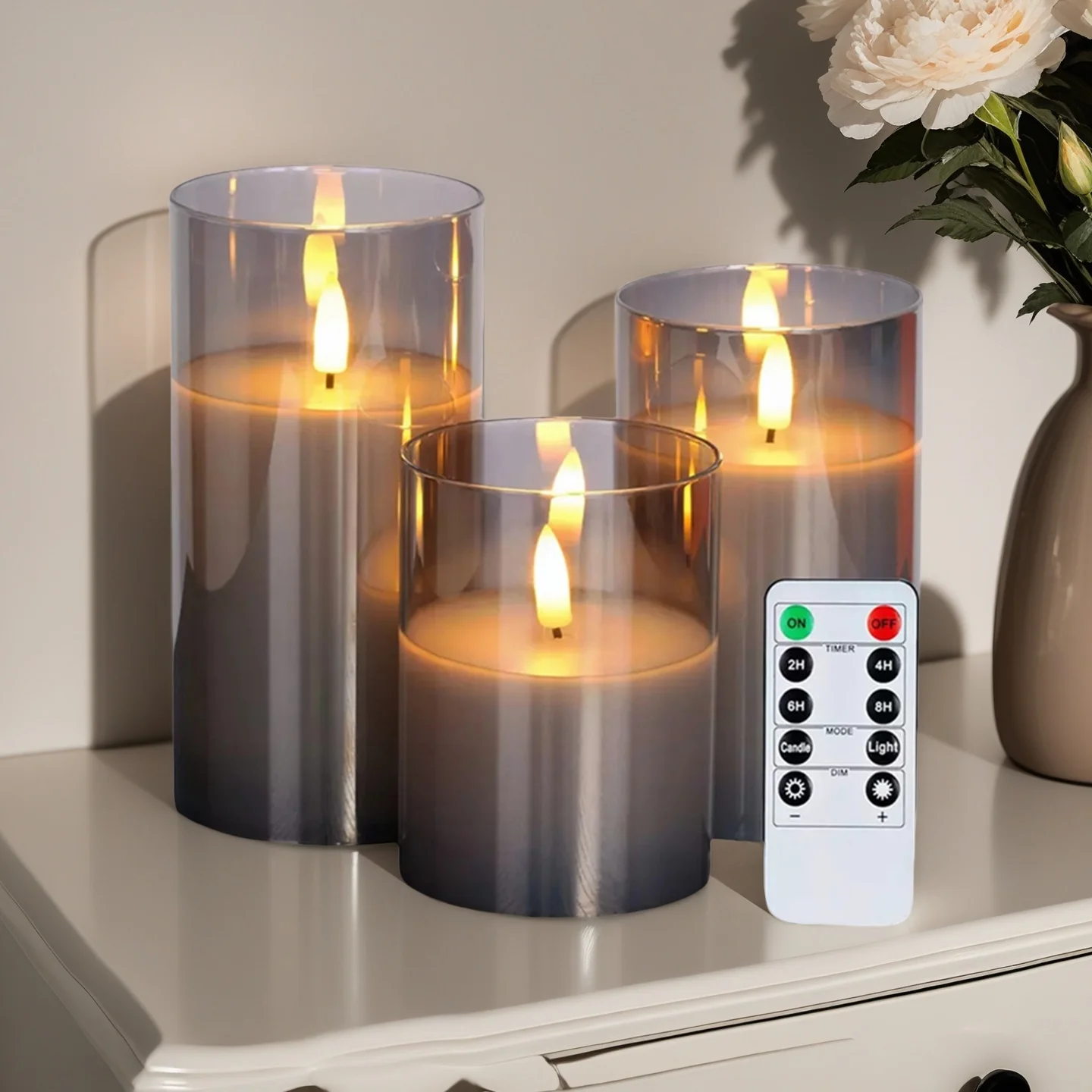 Flameless Battery Operated Glass Led Candle Light with Remote Control 3d Flame Wick Pillar Electronic Wax for Wedding Home Decor