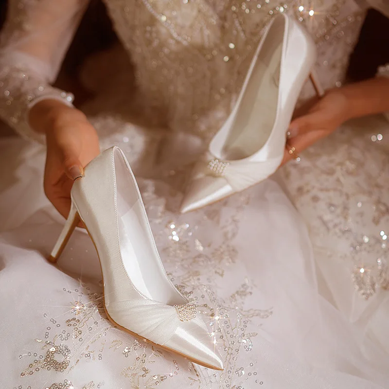 High Quality Satin Material Pointed Toe Stiletto White Luxury Ladies High Heels Shoes For Wedding Party - Image 4