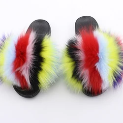 Jtfur Women Wholesale PVC Fur Slides Fluffy Colorful Fashion Ladies Plush Fox Fur Slippers