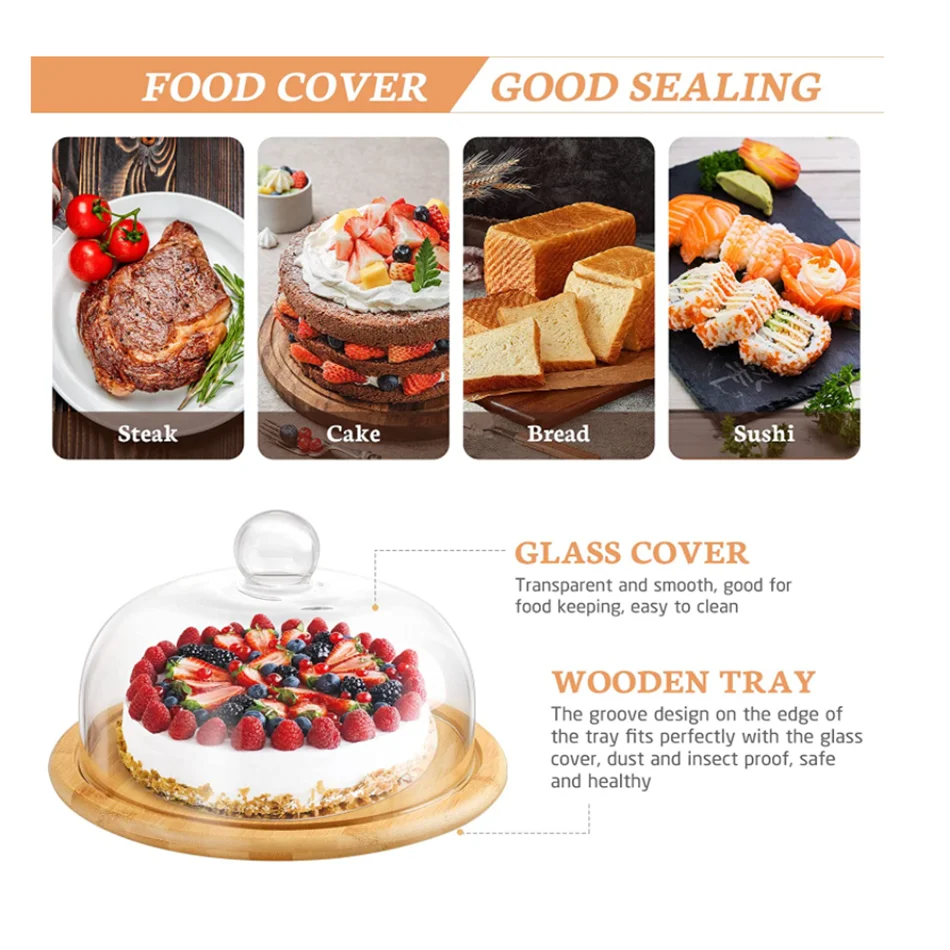 Wholesale Custom Cheap Elegant Design Cloche Cover Wooden Base Cake