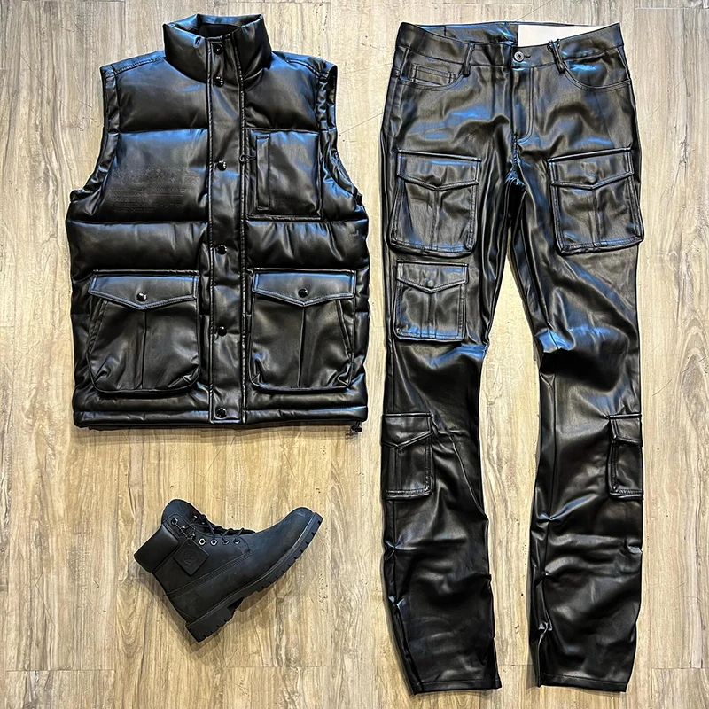 Salati Streetwear Custom Leather Outfit Embroidered Zip up Leather Shirt and Pu Stacked Flare Pants Sets Leather Track Suit Men gallery 2