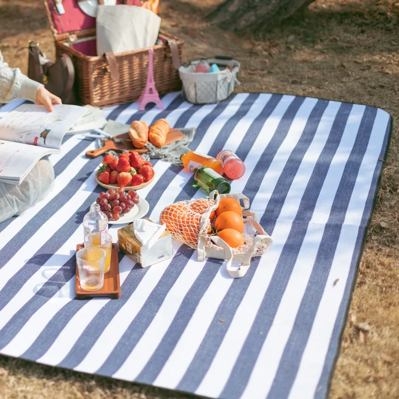 Grand Tapis De Pique-nique Imperméable – Idéal Pour Camping, Plage Et Voyage – Motif Rayures Bleues