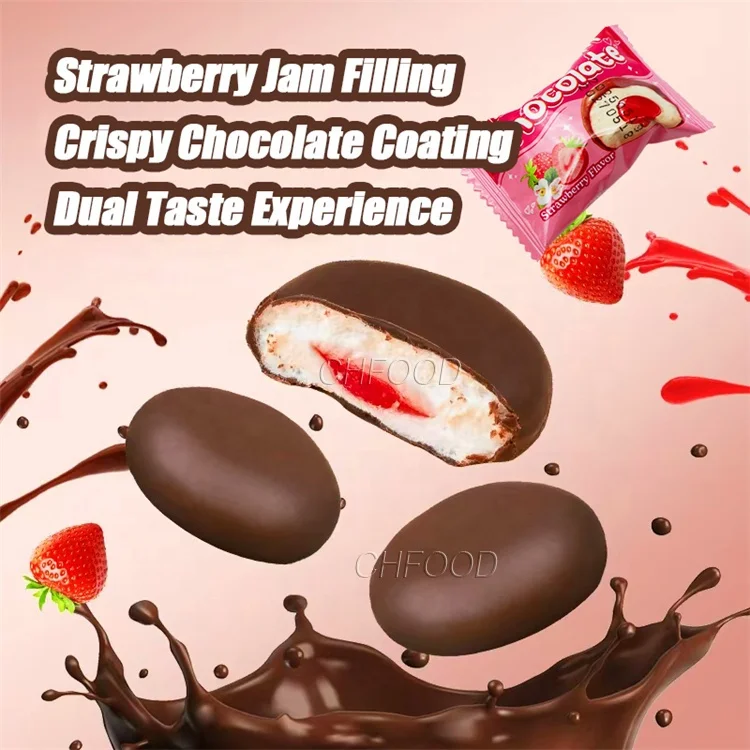 New Halal Crispy Chocolate Coated Strawberry Jam Filled Marshmallow Sweets Candy Wholesale