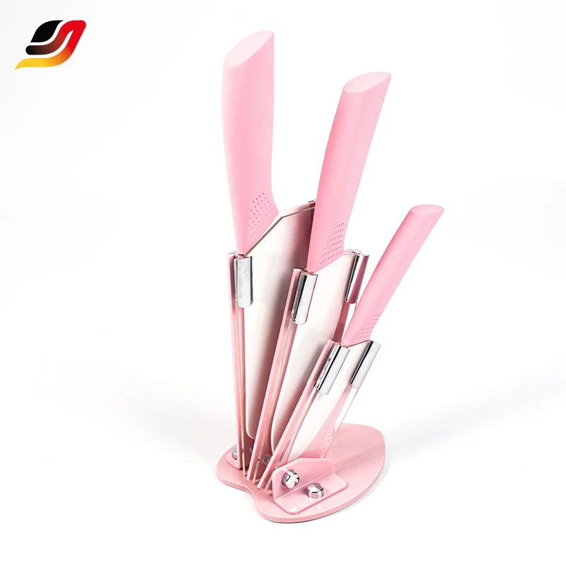 Factory Supply Stainless Steel Chef's Fruit Knife Sharp and Durable 4pcs Kitchen Knife Set with Pink Knife Holder