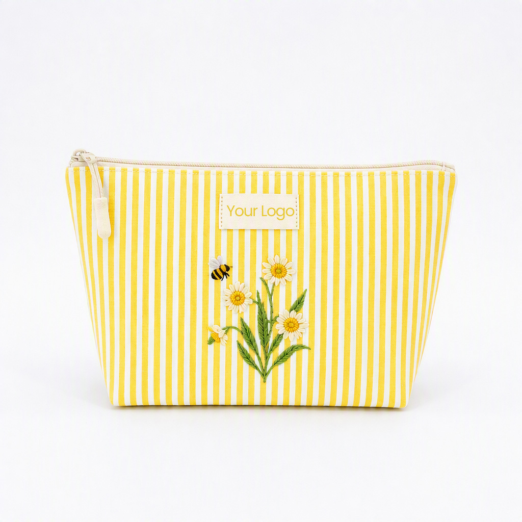 Pochette à maquillage japonaise mignonne, personnalisable avec logo, souple, légère, en coton, motif brodé de fleurs et rayures, avec fermeture éclair