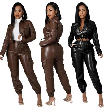 2022 Spring Apparel Slim Lounge Set Women PU Leather Pants 2 Piece Leather Set