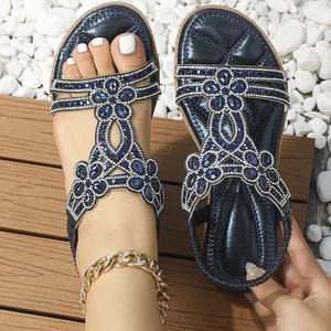 Lady Summer High Top Flat Rhinestone Bohemia Summer Beach Fashion Beaded Sandals