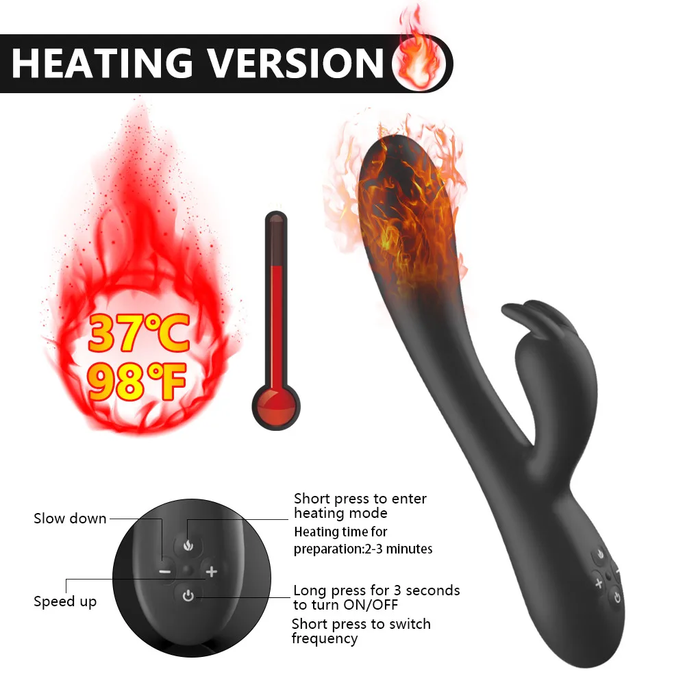 Women's Electric Vibrator Silicone Massage Stick Waterproof USB Rechargeable Rabbit Heating Temperature Raise Adult Sex Toys