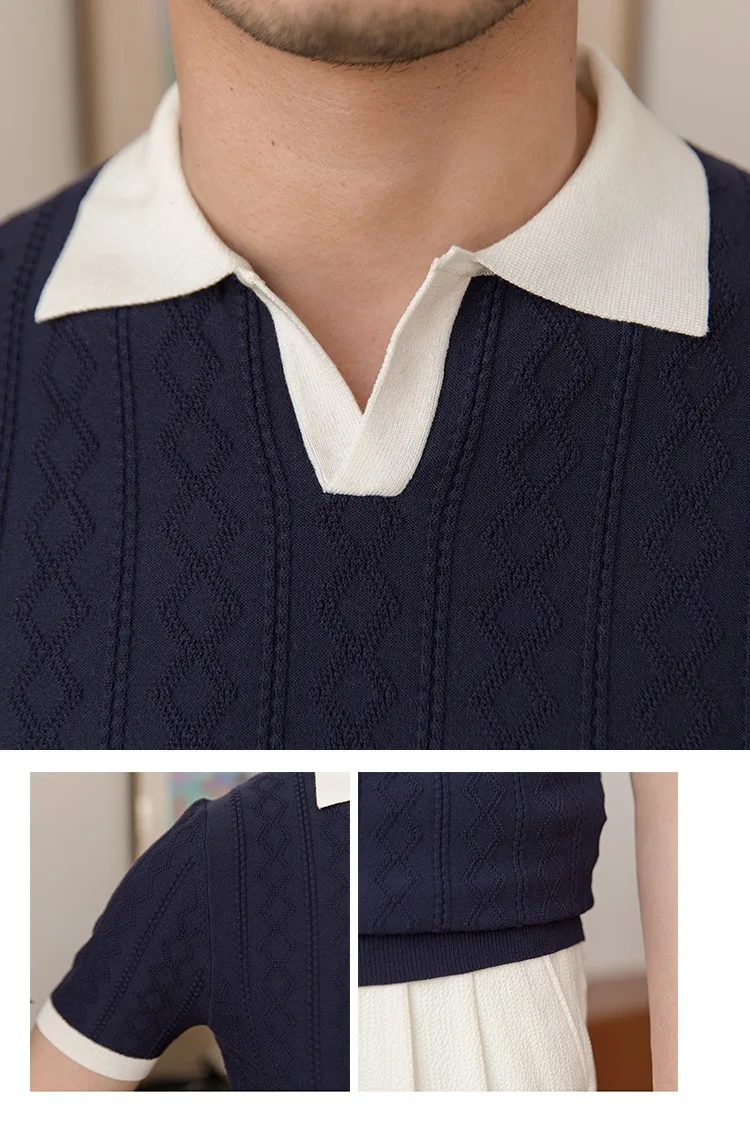 Summer breathable color matching fashion men's Polo shirt V lapel elastic jacquard texture slim short sleeve knitting