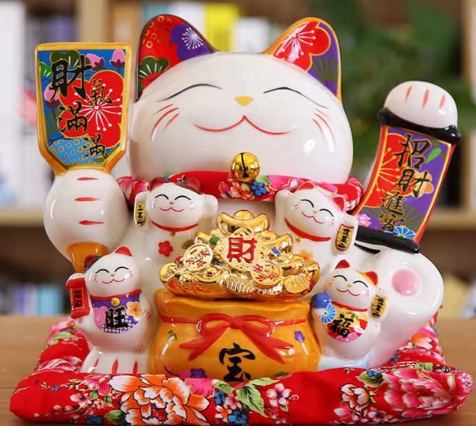 New Year Custom LOGO Porcelain 11 Inches Large Big Size Wealth Waving Hand  Ceramic Lucky  Fortune Cat Coin Piggy Bank