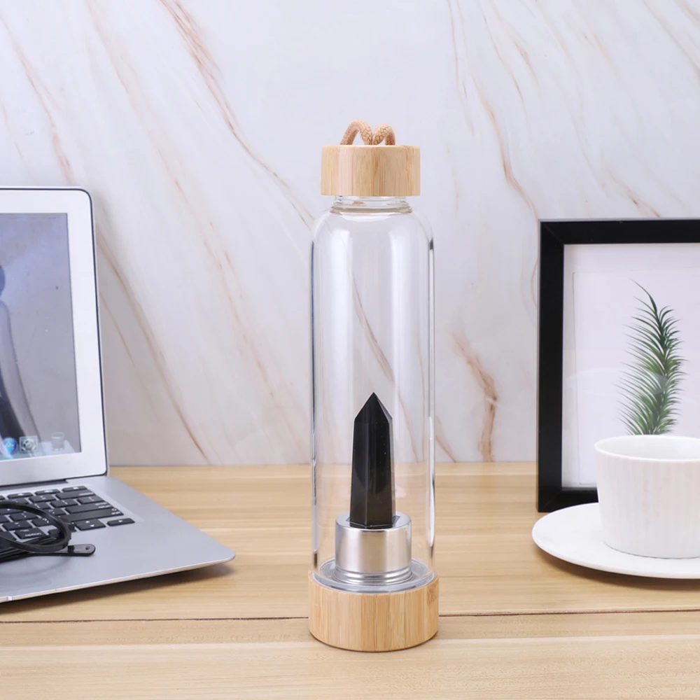 540ml Crystal Water Bottle Bamboo Lid Natural Gemstone Quartz Energy