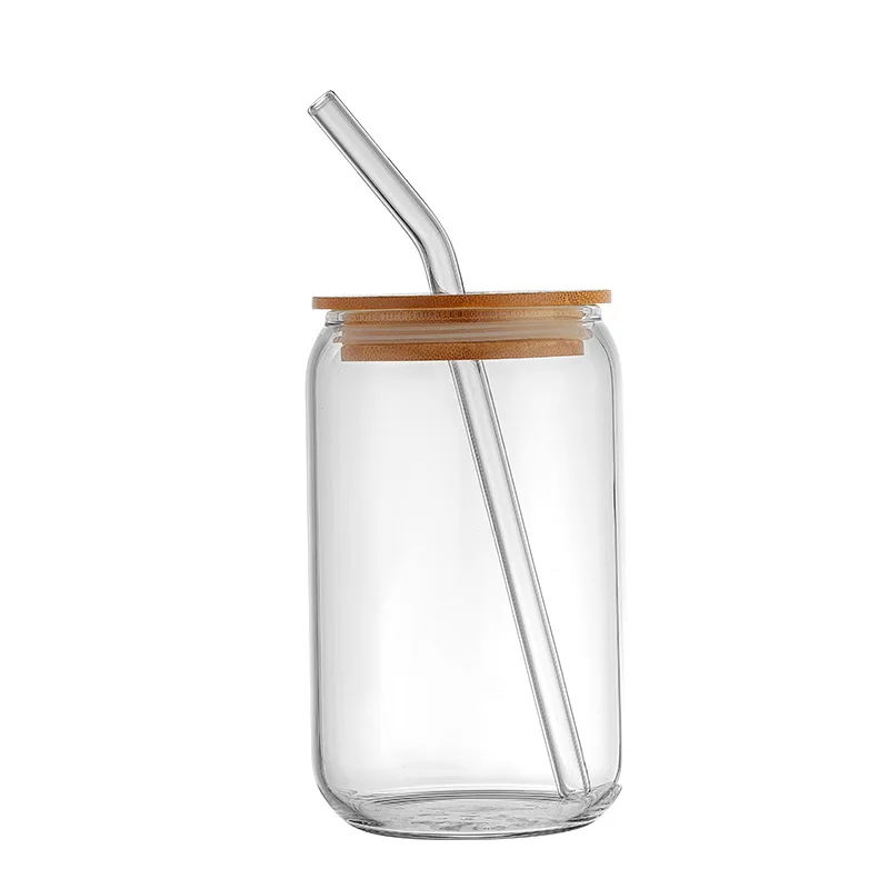 High-Grade Borosilicate Glass Can Classic Transparent Glass Beer Cup with Bamboo Lid and Straw for Drinks