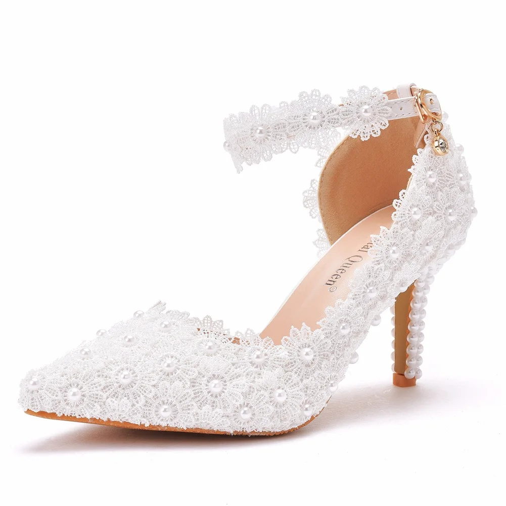 S101F      Large Size Sandals Stiletto Pointed White Lace Wedding Shoes