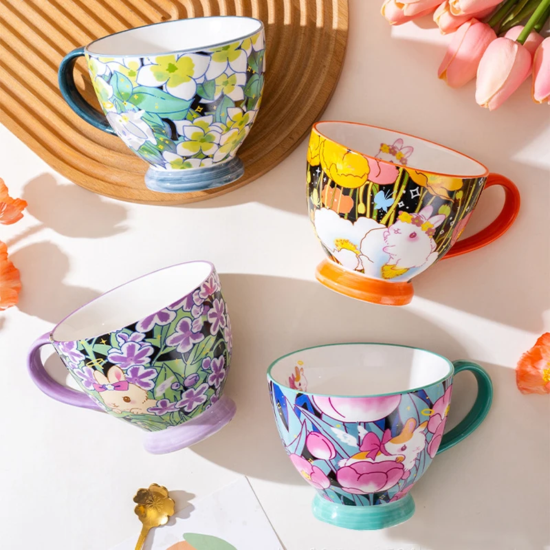 Wholesale Rabbit pattern creative ceramic coffee cup Fresh-hand painted breakfast cup porcelain cup for New Year gift