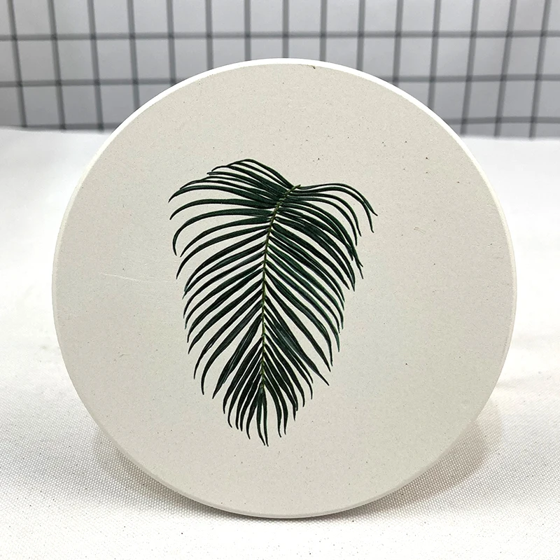 Free Sample White Ceramic Round Tile Coasters and Cup Mats Leaf Design Blank with UV Printing or Sublimation