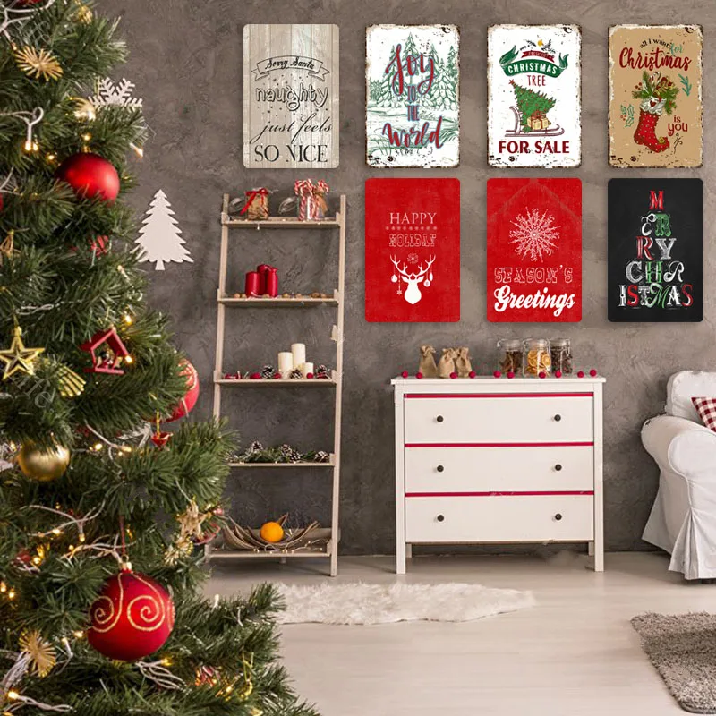 CREATCABIN Targa In Metallo Rotonda 30 Cm - Natale Con Babbo Natale E Albero, Decorazione Vintage Per Esterni E Interni - 3