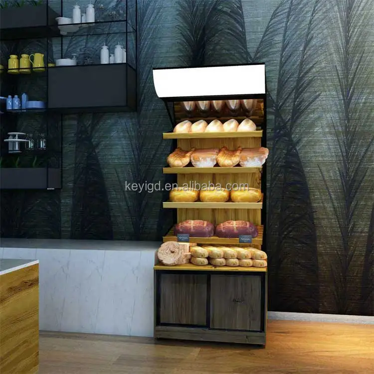 Custom Bakery Furniture Retail Shop Food Display Rack Wooden Bread Display  Shelf for Bakery