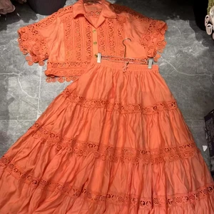Fashion Suit Summer Spring New Fashion Design Women Runway Hollow Out Lace Vintage Short Sleeve Shirt + Long Skirt A-Line