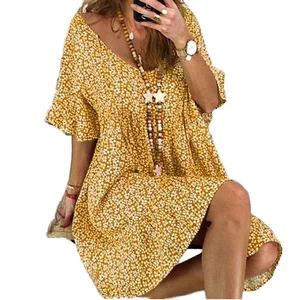 Customize Summer Bohemian Style Empire Waist Printed Pleated Short Skirt Dress with Front Logo Breathable Casual Women's Dress