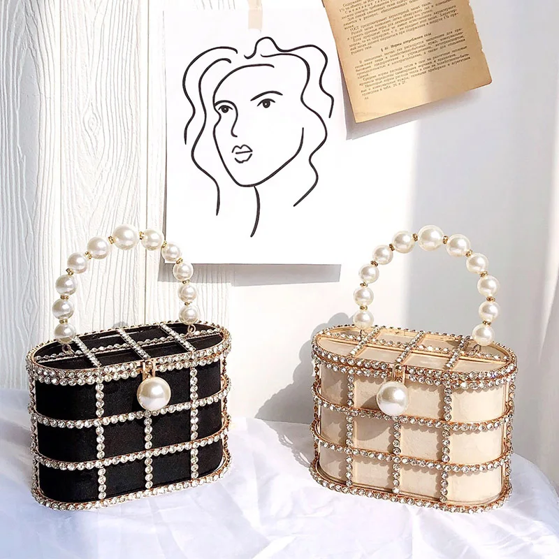 Top-Handle Large Pearl Hexagon Hard Gold Metal Bucket Purse For Women  Evening White/Black Wedding Dinner Handbags Crossbody Bags