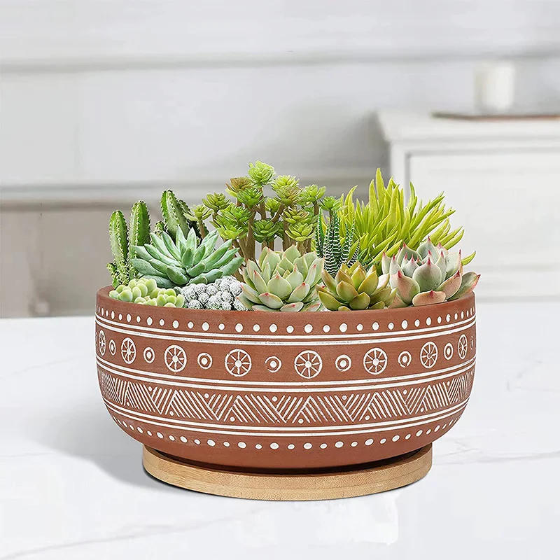 Terracotta Succulent Planter Pot with Bamboo Tray, Round Shallow Bonsai Pot
