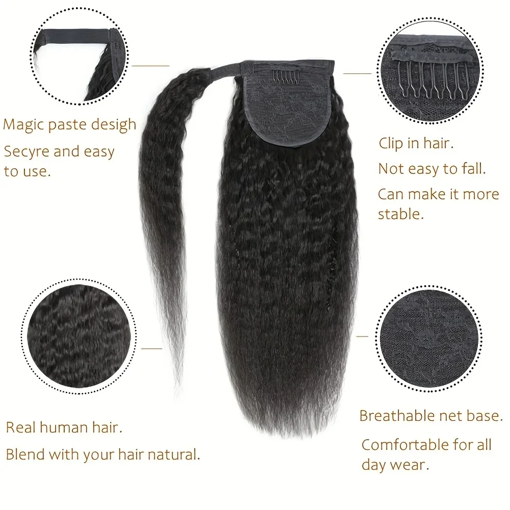 Kinky Straight Human Hair Ponytail Extension for Women 10-30 inches_voghion.com