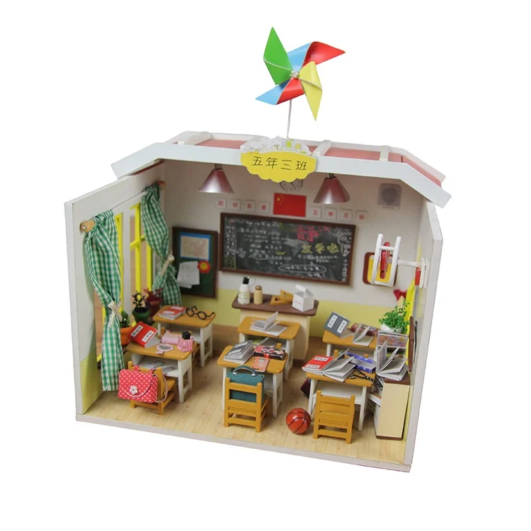 Primary School Teacher Model With Light and Furniture Diy Miniature Dollhouse Children Wooden Toy House