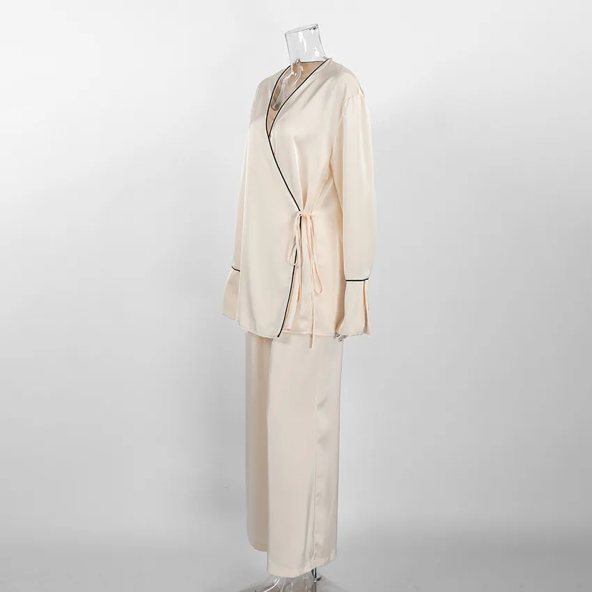 Womens Satin Pajama Set Soft Polyester Long Sleeve Wrap Pants Two Piece Loungewear — detail
