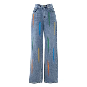 Custom Wholesale High Street Graffiti Jeans Women Pants Wide Leg  Washing Denim Jean Pants for Ladies Parachute Pants Pantalones