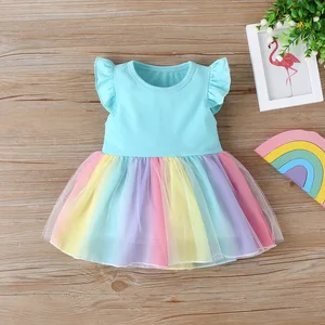 Rainbow Girls Infant Dress O-Neck Maxi Style for Solid Pattern Lace Plain Dyed for Summer Baptism Birthday Parties