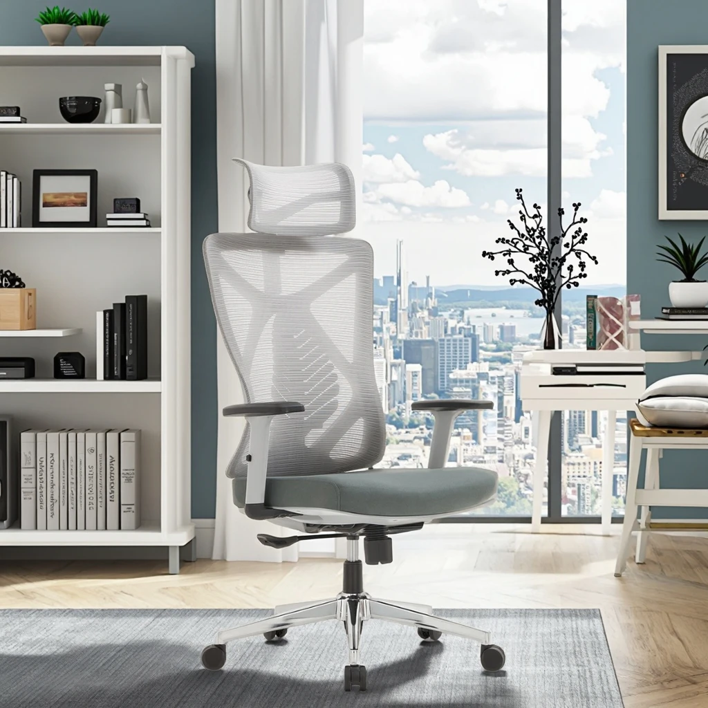 Modern Executive Ergonomic Chair Grey Frame 3-Way Adjustable Lumbar Support Breathable Mesh Back Office Furniture Flip-Up 3
