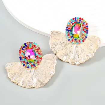 Alloy exaggerated leaves flowers inlaid oval glass diamonds wholesale stud earrings for woman
