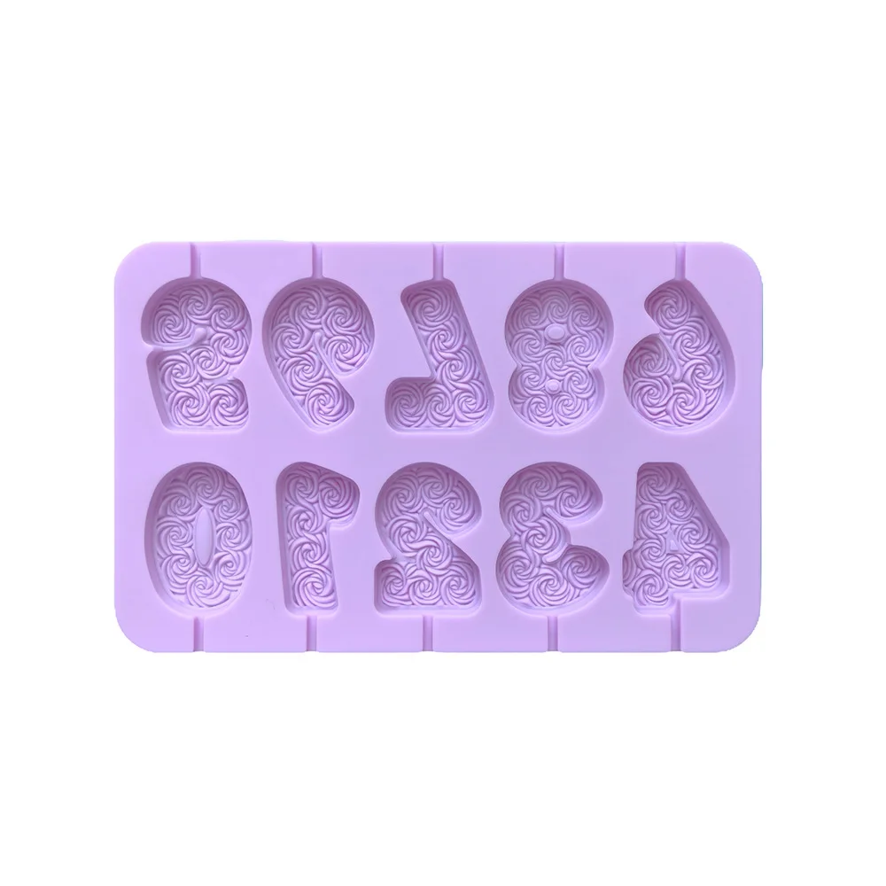 Rose Pattern 0-9 Numbers Shape Lollipop Silicone Mold Handmade 3D Chocolate Cake Jelly Candy Silicone Mold manufacture