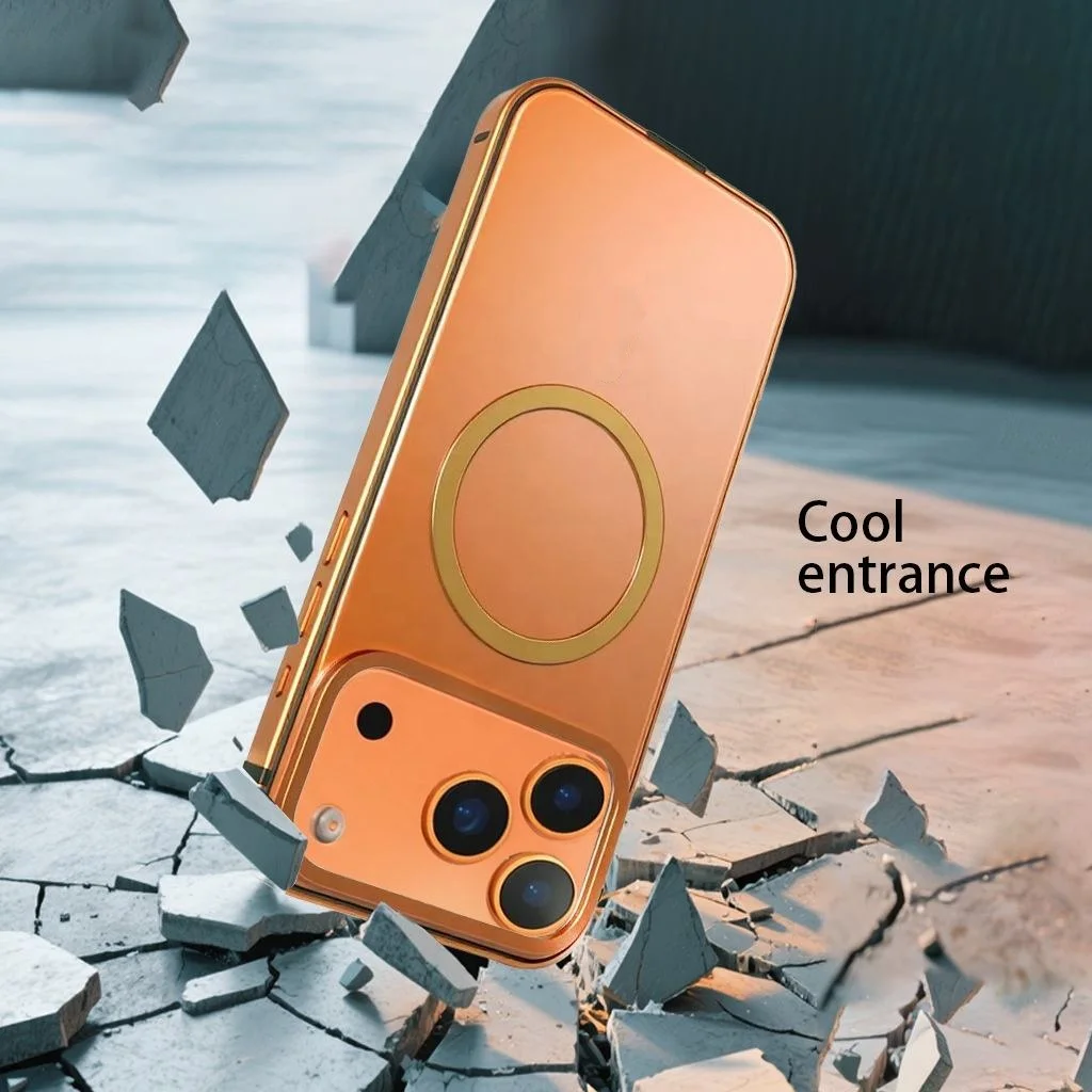 product magnetic titanium charging case for iphone 17 pro max stainless steel bumper shockproof mobile phone cover for iphone16 pro max-5