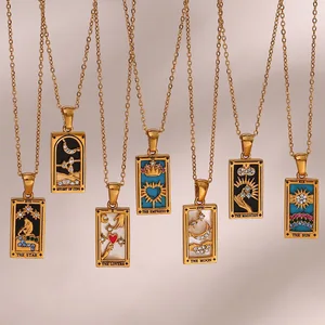 Fashion Hip Hop Jewelry Tarot Pattern Design Pendant Necklace with Zircon Brass 18K Gold Plating for Men