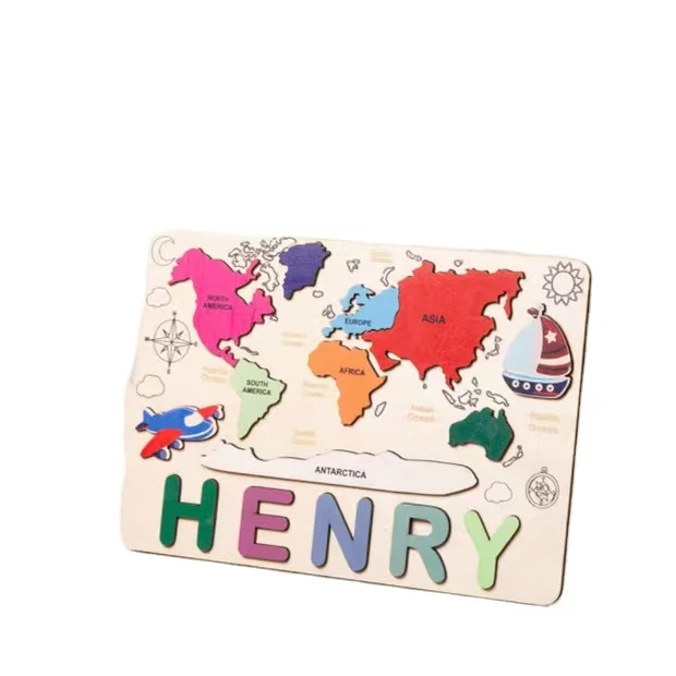Wooden World Map Baby Name Puzzle Birthday Gift Children Toy Personalized Toddler Name Puzzle Kids Wood Puzzle Montessori Toys