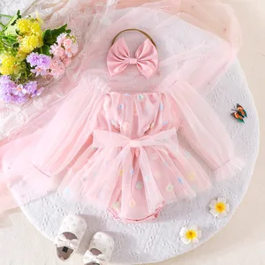 2026 Spring Cute Newborn Outfit Soft Toddler Clothing Floral Embroidery Mesh Long Sleeves Baby Girl Romper