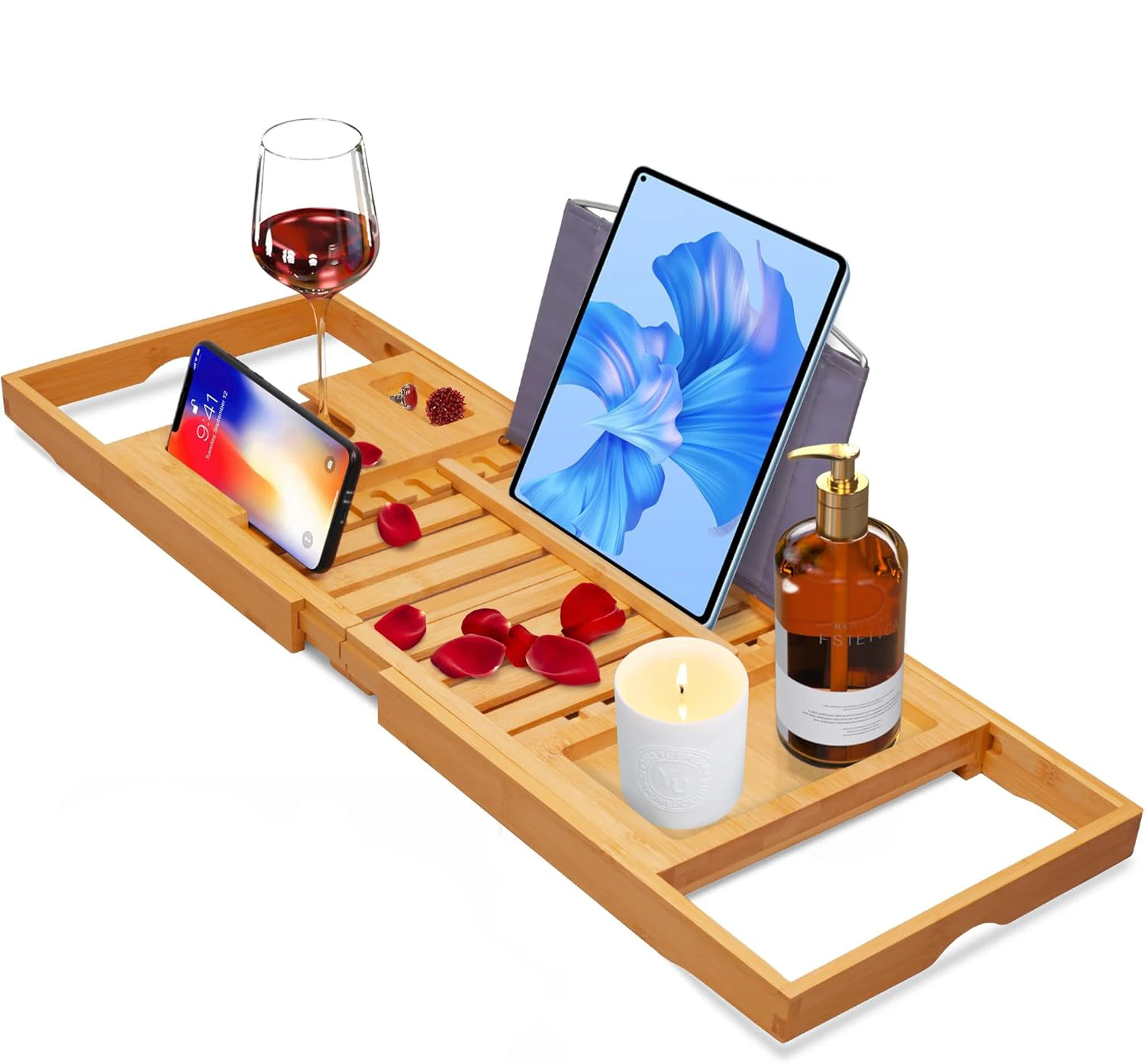 Wholesale Luxury Foldable Bamboo Bath Table Tray Expandable Bathtub Tray with Book and Wine Glass Holder for Spa or Reading