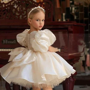 Wholesale Elegant White Satin Princess Dress for Girls Children's Performance Bubble Sleeve Embroidered Lace Evening Dress