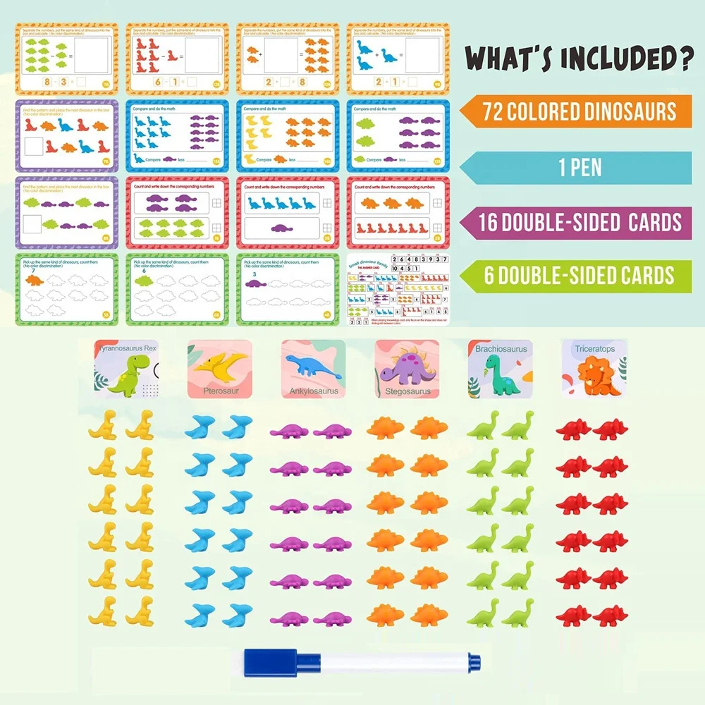 Rainbow Color Counting Soft Rubber Cognitive Sorting Dinosaur Toy Montessori Color Classification Learn Toys with Question Cards