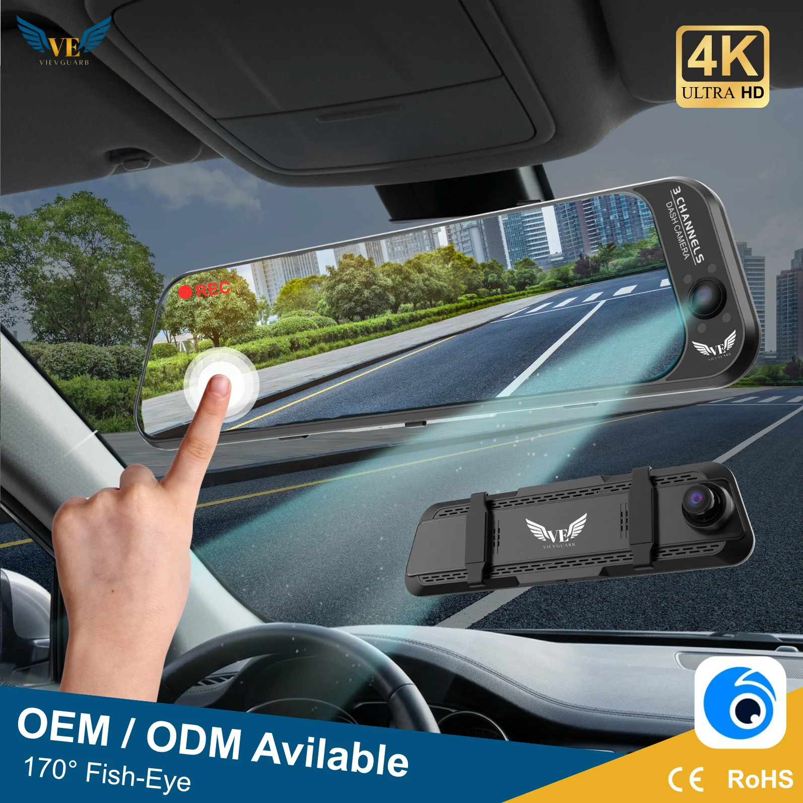 3 Channels 4K+1080P+1080P Three Lens 4K Dash Cam 170° Fisheyes Dash Cam WiFi ADAS Mirror Dash Cam Touch Screen Car Black Box