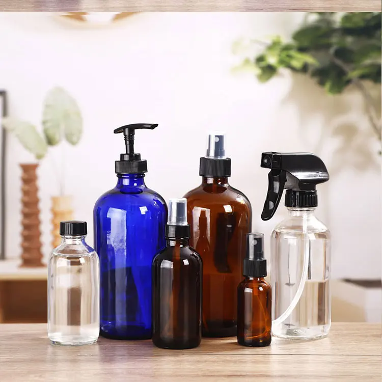 120ml 240ml 500ml 1000ml Cobalt Blue Amber Glass Spray Hand Sanitizer Bottle with Atomizer for Lotion Soap Dispenser