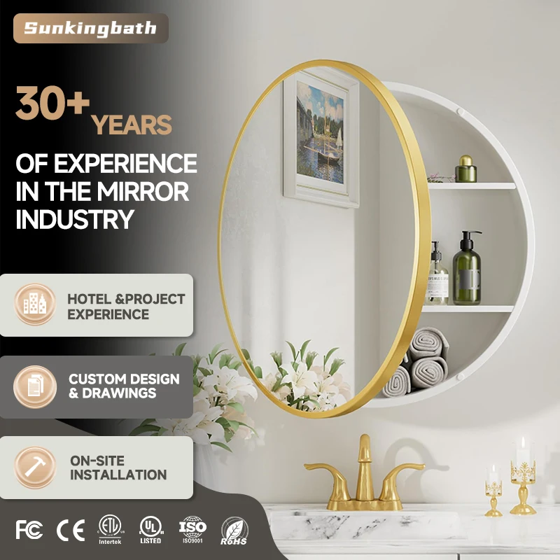 Construction Project Durable Circular Bathroom Mirror Cabinet Wall Mount Round Bath Framed Medicine Cabinet with Slow Closing