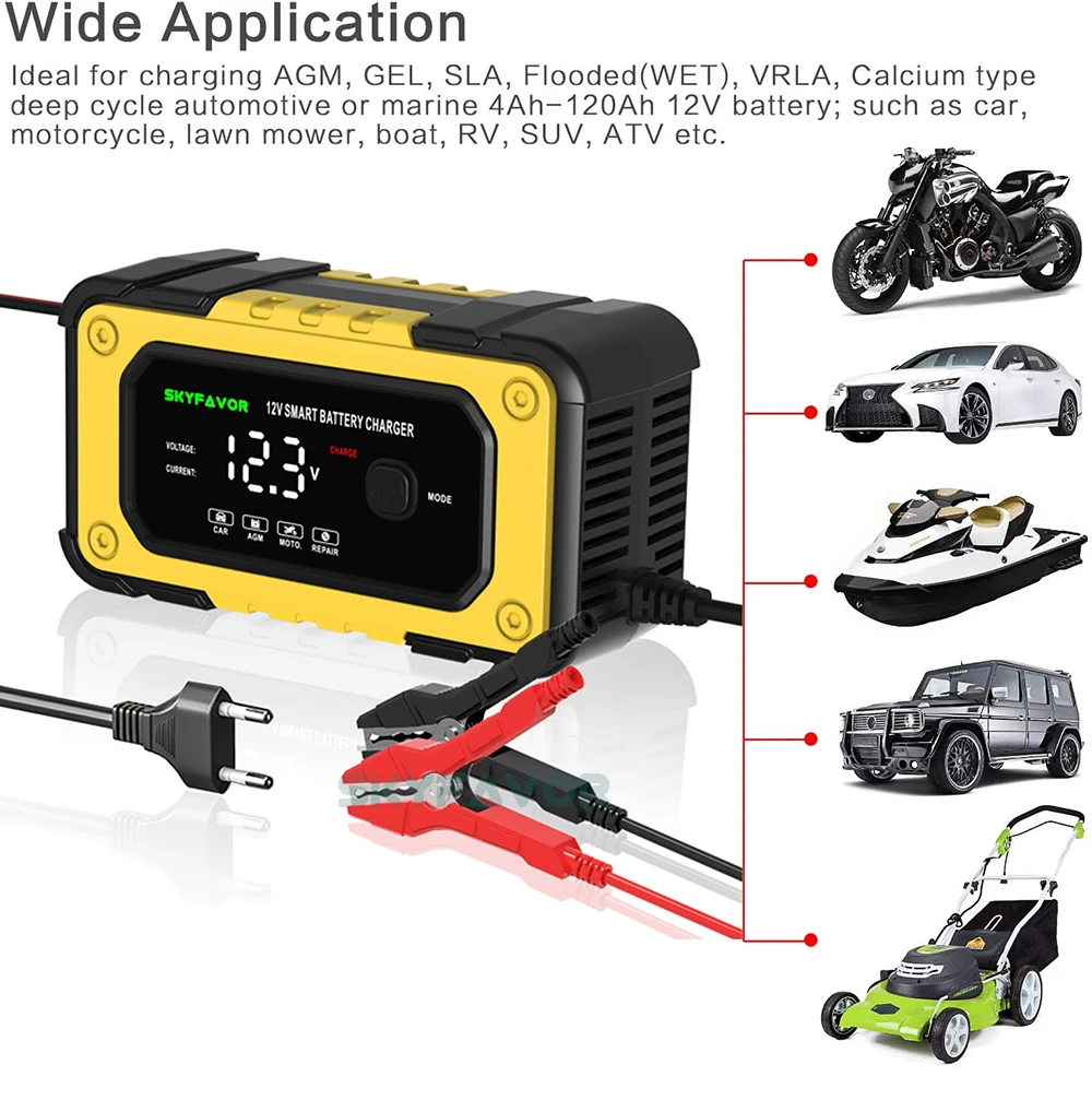 Factory price 12v 60ah battery charger 12V 6A fast agm gel arm lead acid deep cycle pulse repair automatic car battery charger