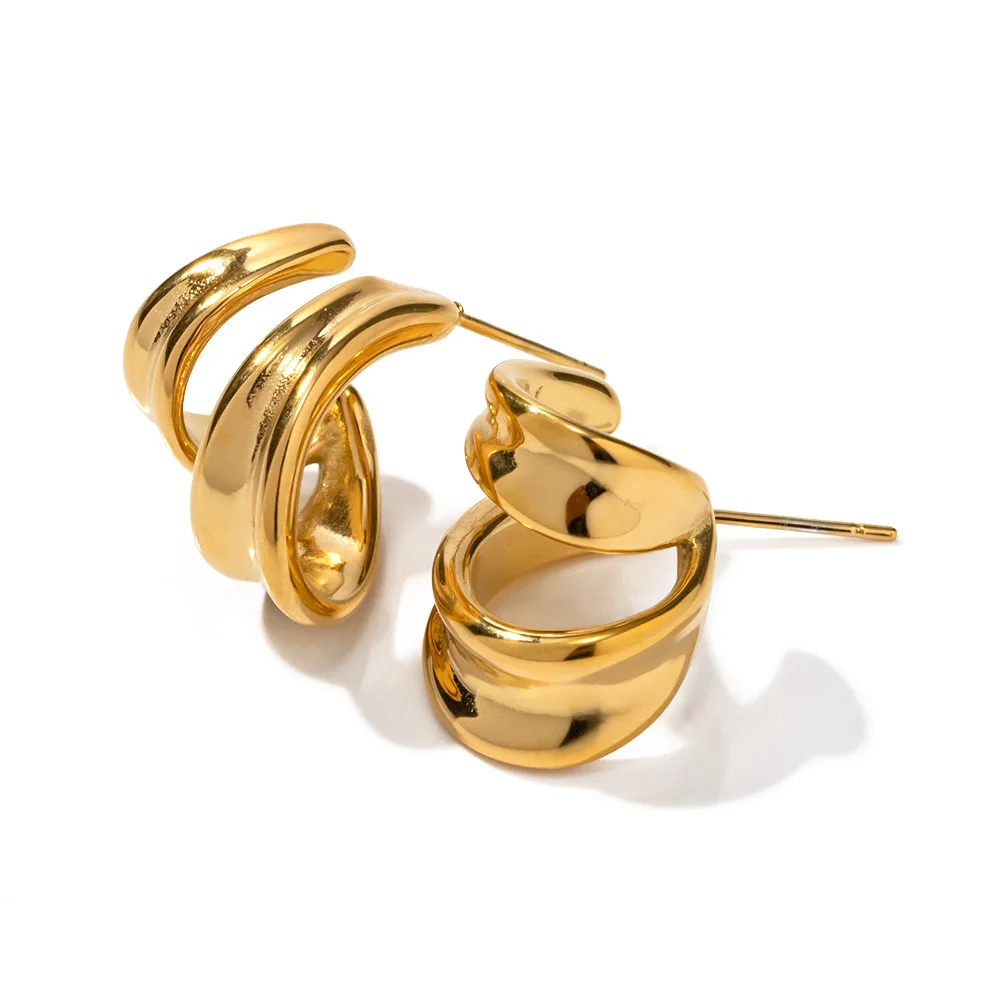 New Arrival Two Layer Unique Design Hoop Earring 18K Gold Plated Stainless Steel Waterproof Tarnish Free C Earrings