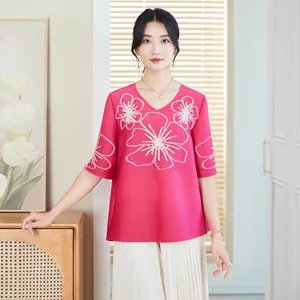 Miyake Handmade Heavy Nail Bead Embroidery Pleated Short Sleeve Loose-Fitting Casual Mother Jacket New Generation Hair 2026